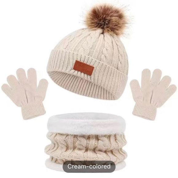 - Cream Kids Winter Hats Gloves Scarf Set - Picture 1 of 2